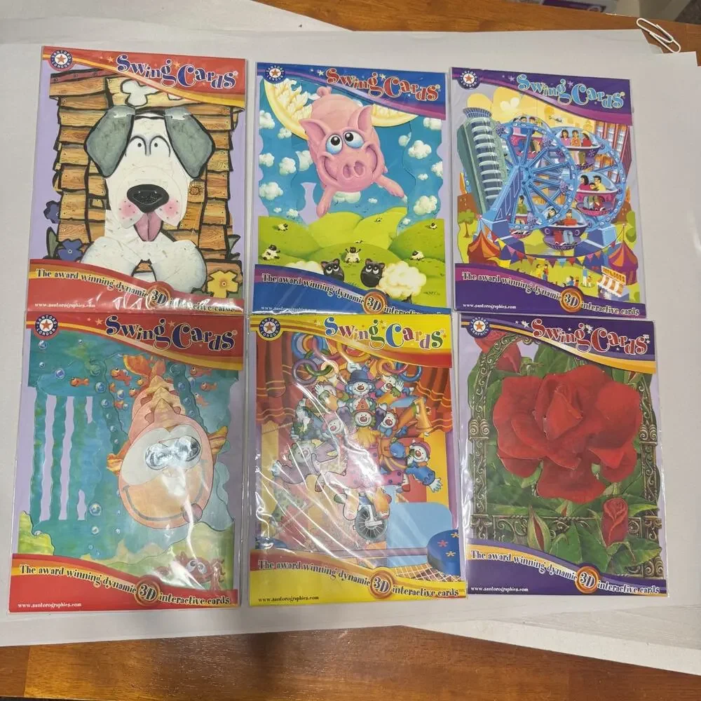 New Lot of 6 Swing 3D Popup Cards Santoro Birthday colorful dog pig circus roses